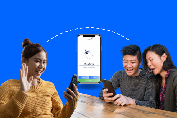 Stay Connected with High Exchange Rates Three young adults use smartphones to connect through a money transfer app. A woman on the left waves cheerfully while holding her phone, as two people on the right react excitedly while looking at another phone. In the center, a smartphone screen displays the BCRemit app interface, promoting high exchange rates. The background is blue with a dashed line suggesting a digital connection between the users.