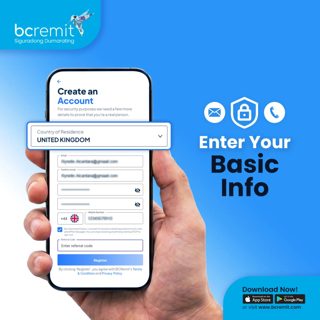 BCRemit sign-up screen showing a mobile form for users in the United Kingdom to enter basic account information.
