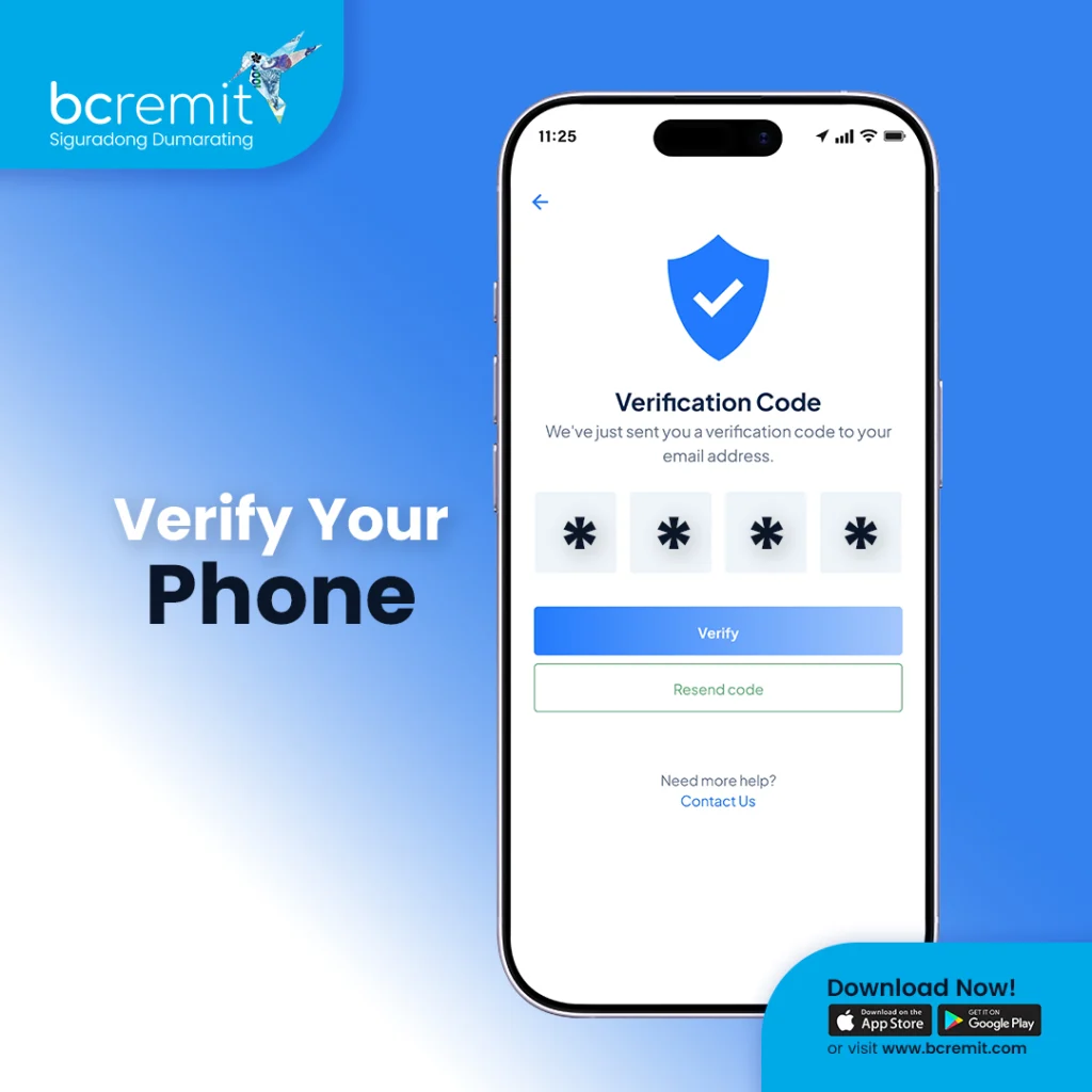 BCRemit phone verification screen showing a verification code form for confirming a user’s phone number.
