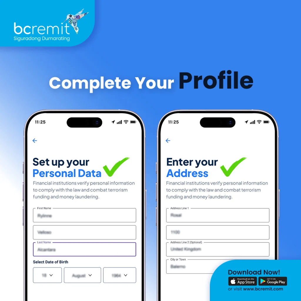 BCRemit profile setup screen showing personal data and address forms for completing account registration.
