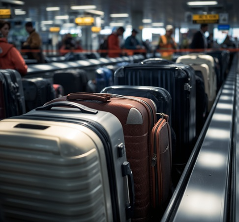 Suitcases move along an airport baggage conveyor belt while travelers wait in the background.