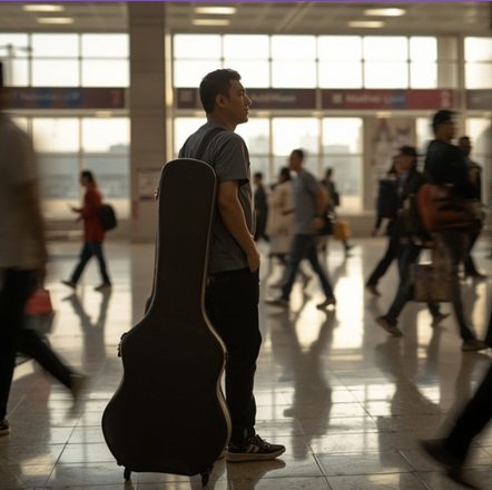 **Alt text:** A traveler stands in a busy airport terminal beside a large guitar case while other passengers walk past.