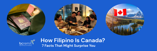 BCRemit promotional banner featuring a Philippine passport, a Filipino family sharing a meal, and a Canadian flag over a mountain landscape, with the headline ‘How Filipino Is Canada? 7 Facts That Might Surprise You.’