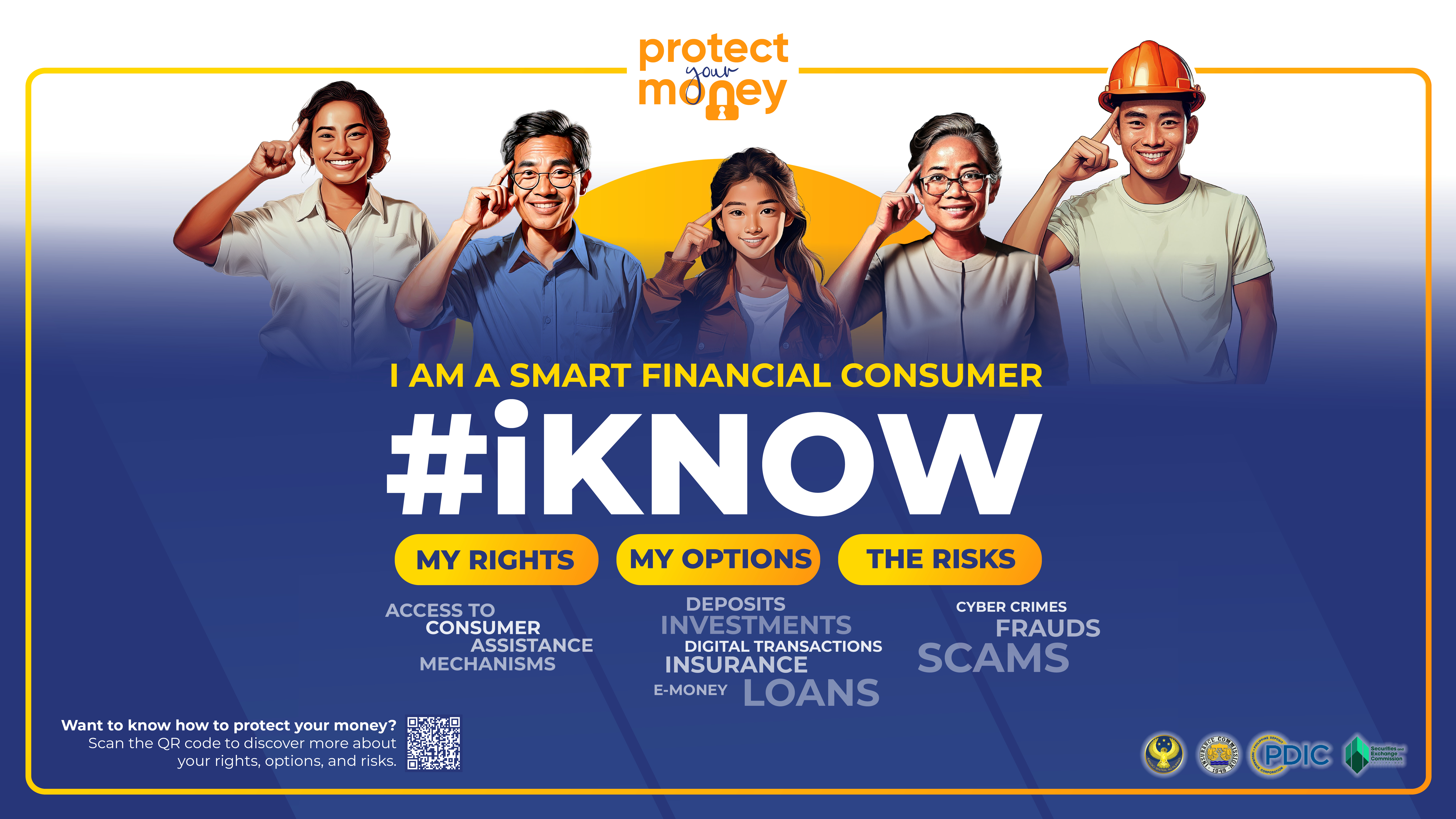 “Protect Your Money” campaign poster featuring five Filipino consumers and the message, “I am a smart financial consumer—#iKNOW my rights, my options, the risks,” with references to consumer assistance, deposits, investments, digital transactions, insurance, loans, cybercrime, fraud, and scams.
