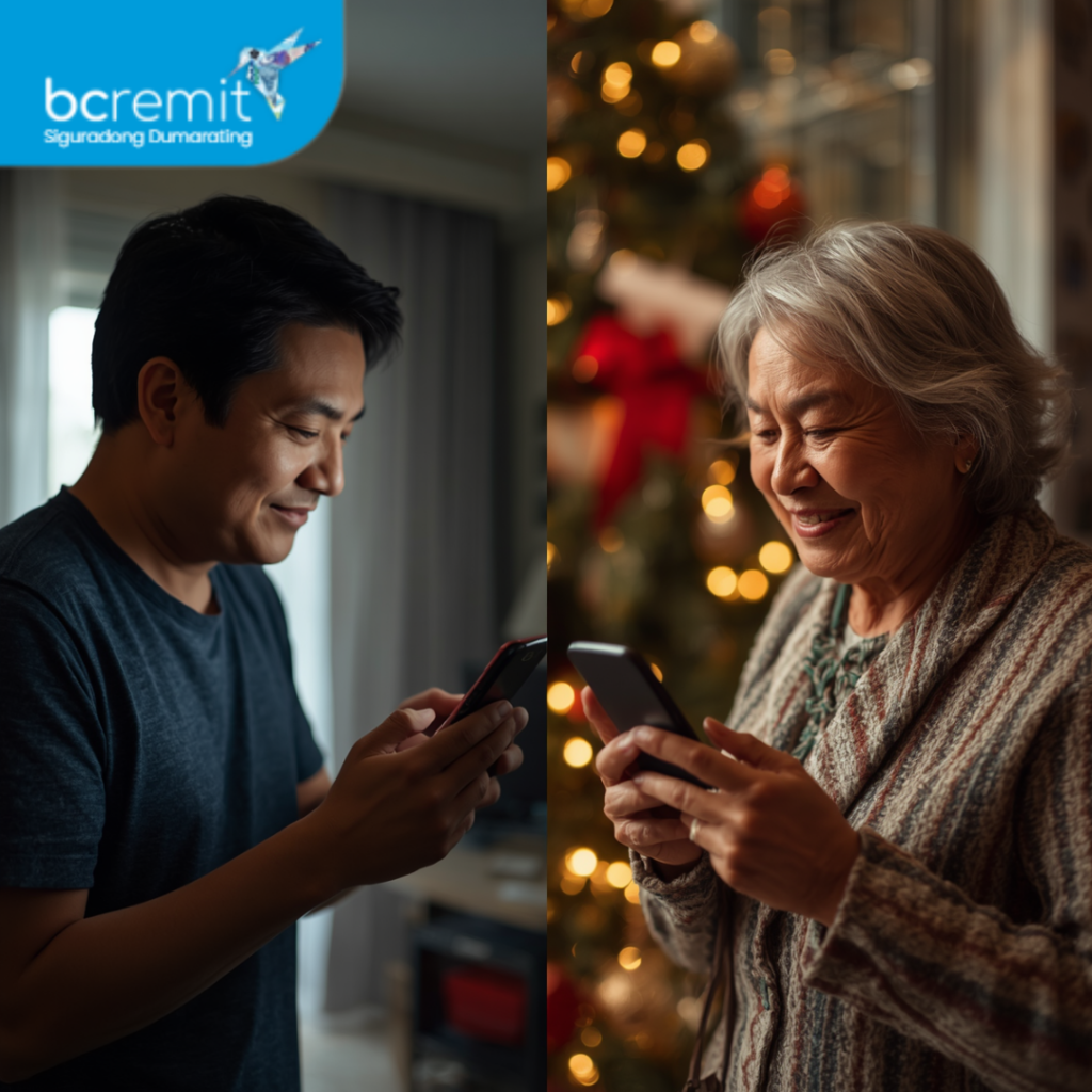Man sending money home, split screen showing his elderly mother receiving it via phone app.